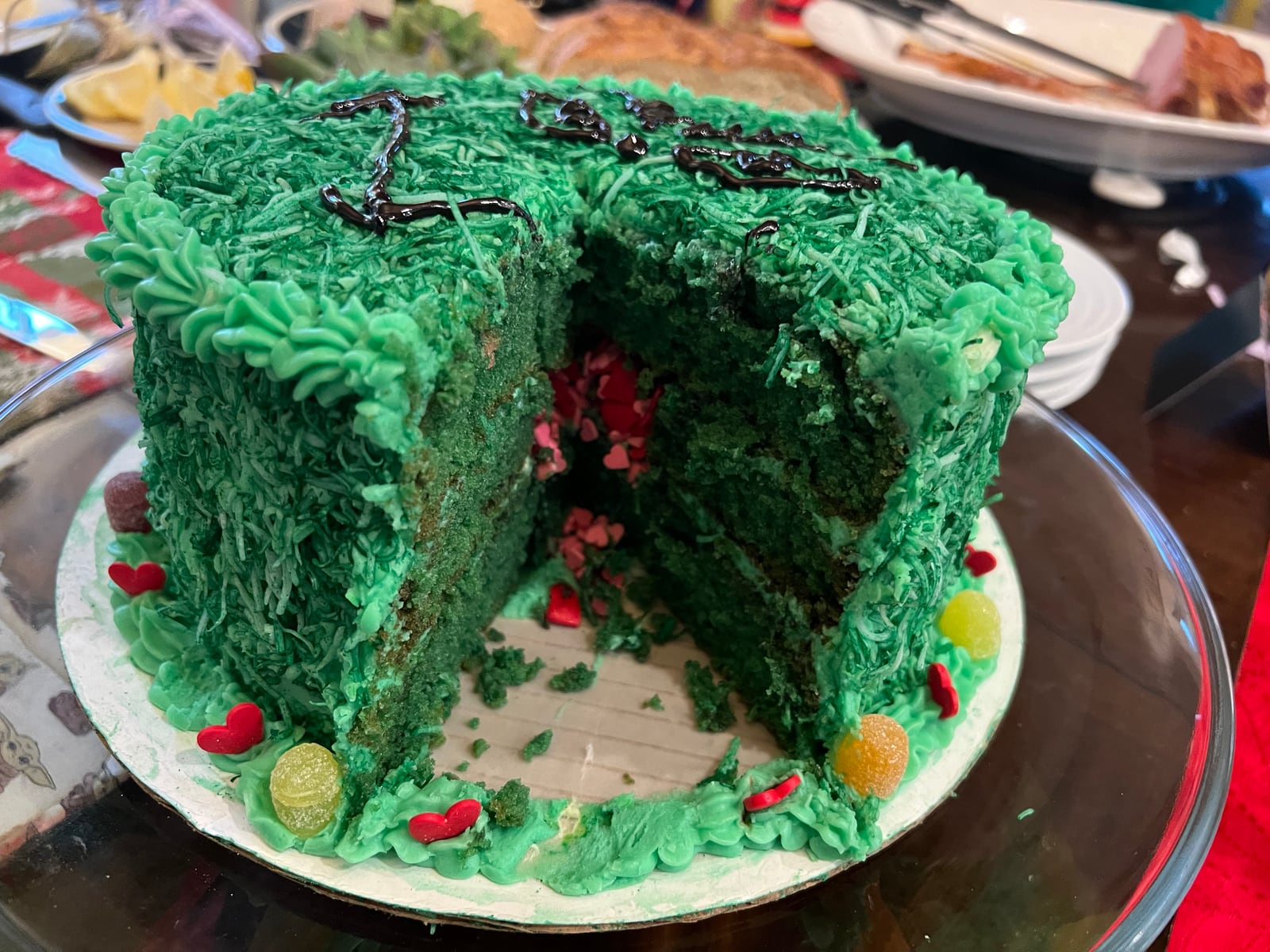 Grinch cake, cut open