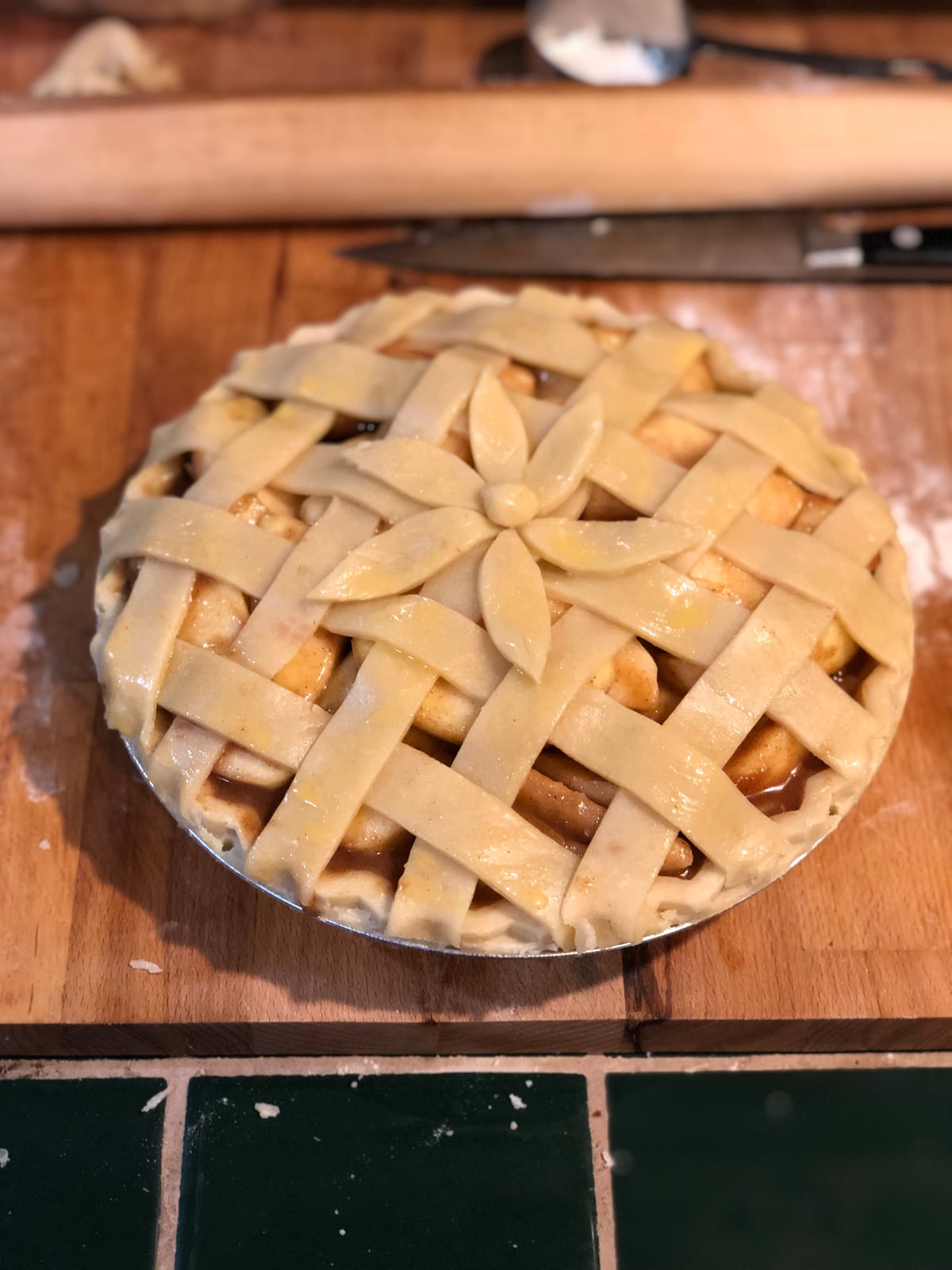 Lattice pie with a pastry flower